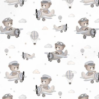 Tissu Panama Avion Ourson Pilote Vintage, coupon 1m x laize (140cm)