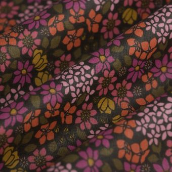 Tissu cretonne enduite mini fleurs rose marron