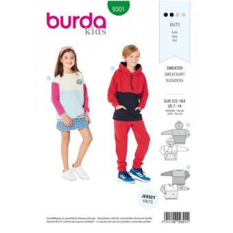 Patron Burda 9301 Sweat-shirt – hoodie enfant avec ou sans capuche - de 7 à 14/16 ans