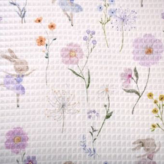 Tissu nid d'abeille imprimé lapins aquarelles multico