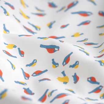 Tissu popeline coton blanc oiseaux 