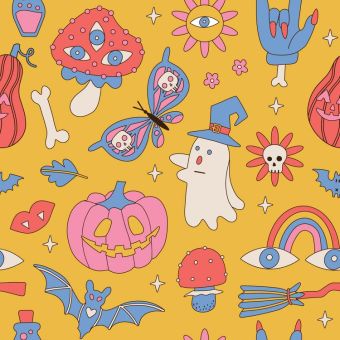 Tissu Impermeable Retro Groovy Halloween, coupon 1m x laize (155cm)