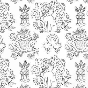 Tissu Jersey côtelé Animaux Boho A Colorier, coupon 1m x laize (100cm)