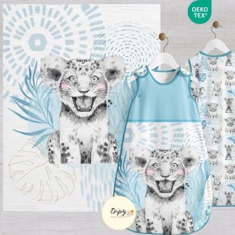 Panneau 100% Coton pour Couverture & Gigoteuse Bébé Animaux Lion Bleu Ciel