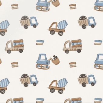 Tissu Double Gaze Camion et Tractopelle Bleu, coupon 1m x laize (145cm)