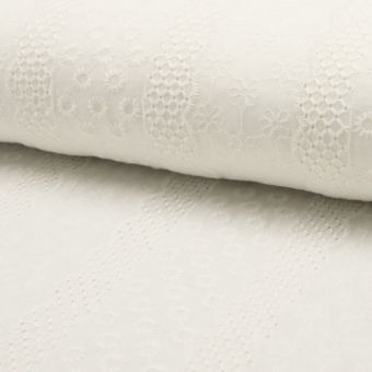 Tissu coton à broderie anglaise fleurs et bandes écru