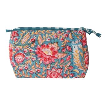Trousse block print fleur indienne rouge fond bleu - 10x18cm