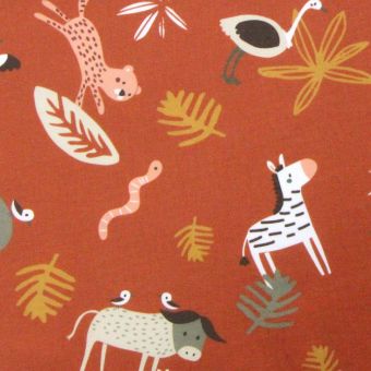 Tissu cretonne de coton terracotta à motifs animaux savane