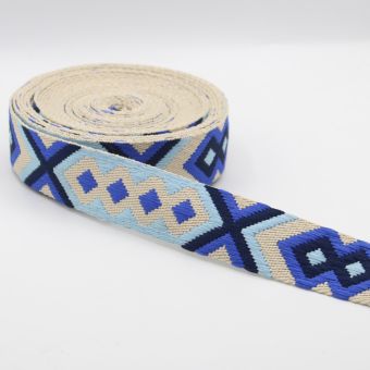 Sangle ethnique geometrique bleu taupe 36mm