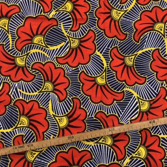 Tissu Wax rouge orangé noir imprimé Fleur de mariage