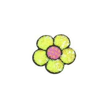 Ecusson thermocollant fleur sequins jaune maïs 6x5,5cm