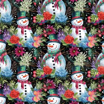 Tissu French Terry Noel Bonhomme de Neige Fleurs, coupon 1m x laize (145cm)