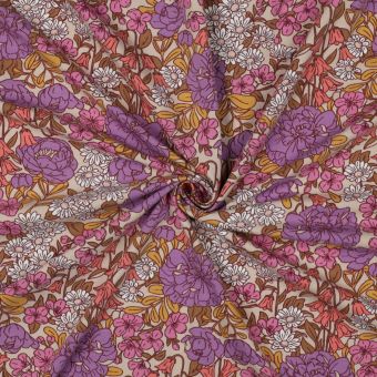 Tissu jersey coton extensible floral multicolore beige