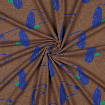 Maille Jersey mélangé imprimée toutou bleu fond marron - Poppy Fabrics