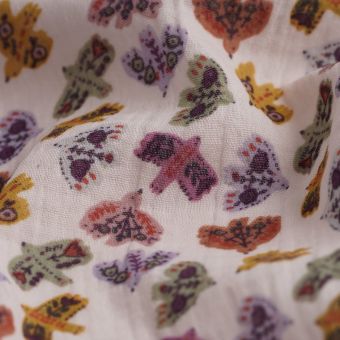 Tissu double gaze oiseaux Folk multicolore rose pale