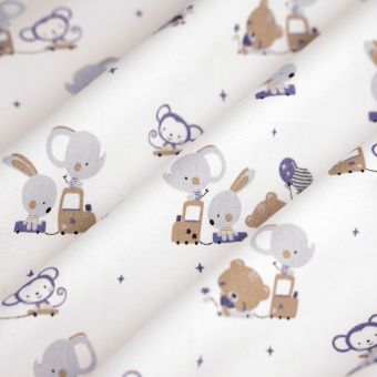 Tissu popeline coton bio animaux skate bleu écru