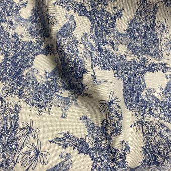 Tissu bachette coton linenlook jungle style toile jouy bleu beige