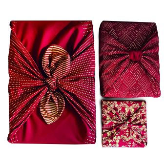 Emballage Réutilisable Furoshiki Pack Famille 3pcs Coton Aventureux Rouge Bordeaux