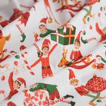 Tissu cretonne de Noël lutin farceur blanc