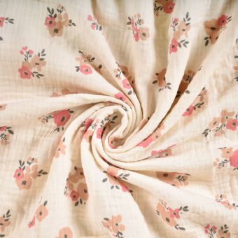 Tissu double gaze petits bouquets écru