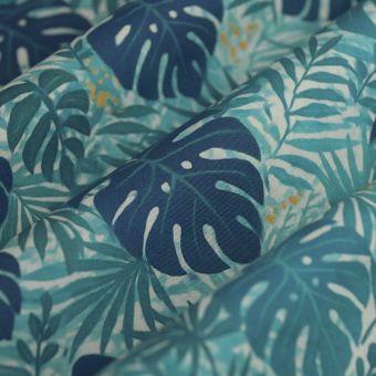 Tissu popeline coton palme bleu