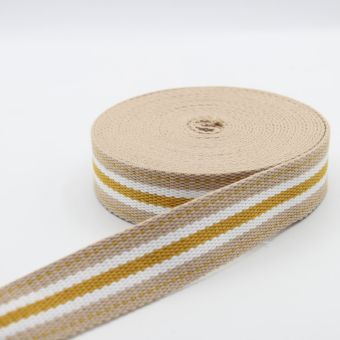 Ruban sangle texture taupe tribande ocre et blanche 30 mm