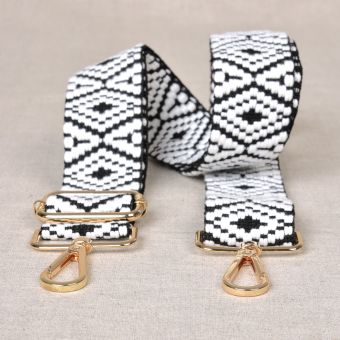 Bandoulière sangle motif ethnique noir et blanc