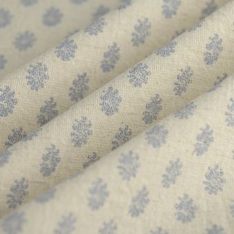 Tissu toile médaillon floral bleu écru