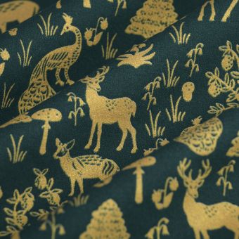 Tissu cretonne de Noël forêt or vert