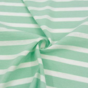 Maille jersey coton peigné vert pastel rayé blanc - Origine France