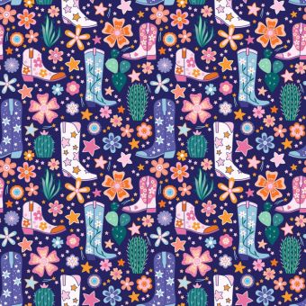 Tissu popeline coton bleu imprimé cow boy fleuri Cosmic Cowboy - Dashwood