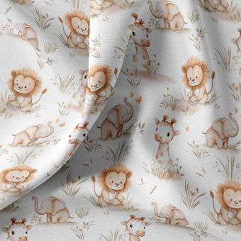 Tissu cretonne imprimé digital bébés animaux aquarelle écru
