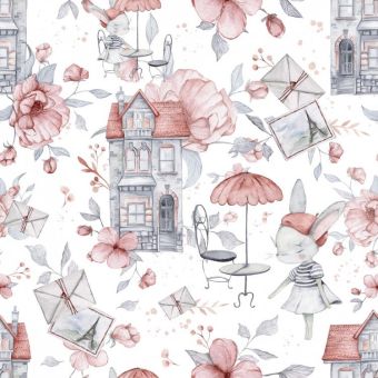 Tissu Coton Lapin Mignon à Paris, coupon 1m x laize (155cm)