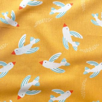 Tissu cretonne coton moutarde motif birdie blanc