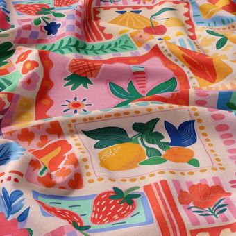 Tissu popeline de viscose timbre tutti frutti care postale multico