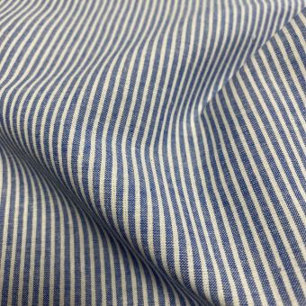 Toile tissé teint polycoton bio recyclée fine rayure écru et bleu - Origine France