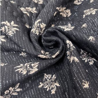 Tissu jacquard polyester recyclé bouquets brillants rose pâle noir - Origine France