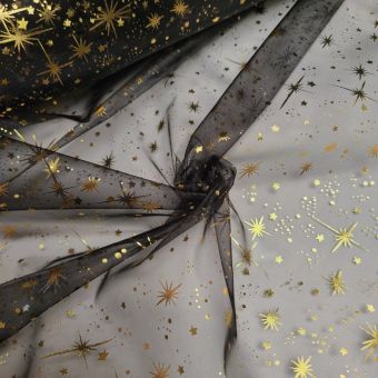Tissu organza transparent noir étoile astres doré et argenté