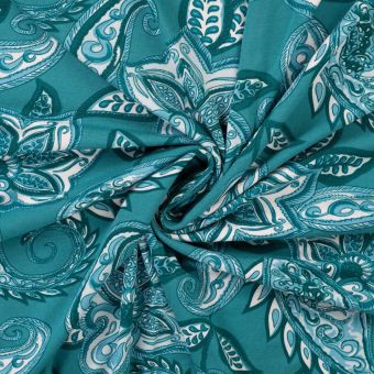 Maille jersey viscose imprimée cachemire bleue