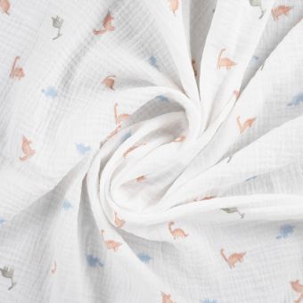 Tissu double gaze imprimé dinos écru