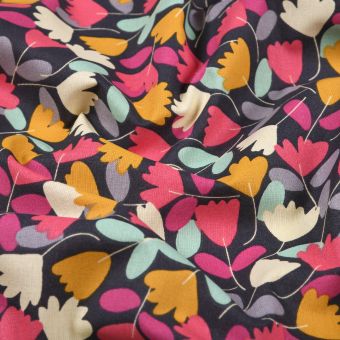 Tissu cretonne enduit imprimé fleurs minimalistes colorées moutarde