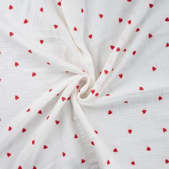 Tissu double gaze imprimé cœur rouge blanc