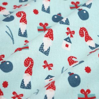 Tissu de Noël coton épais gnome bleu ciel