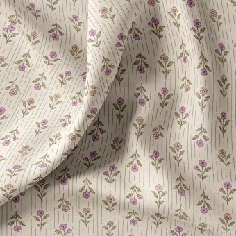 Tissu cretonne fleur indienne fond rayé subtil écru