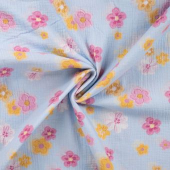 Tissu double gaze imprimé fleur cerisier aquarellé bleu