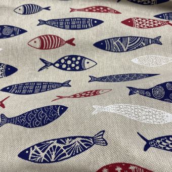 Tissu bachette linenlook imprimé sardines rouge