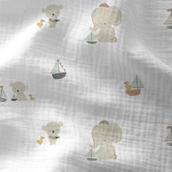 Tissu double gaze zamis koala et elephant blanc