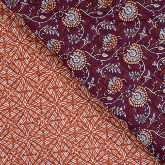 Tissu coton matelassé recto verso fleur indienne bordeaux géométrique orange