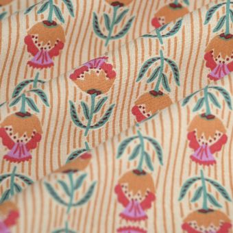 Tissu cretonne fleurs rayures ocre 