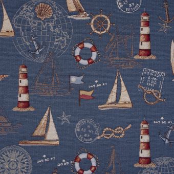Tissu jacquard gobelin premium bleu foncé motifs marins bateau